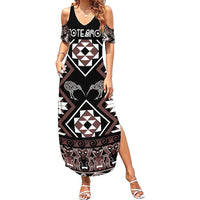 Personalised Taniko Motifs Aotearoa Family Matching Summer Maxi Dress and Hawaiian Shirt Waitangi Kowhaiwhai Kiwi - Mocha LT7 Mom's Dress Mocha - Polynesian Pride
