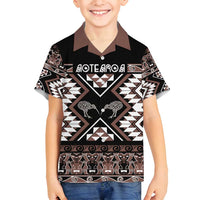 Personalised Taniko Motifs Aotearoa Family Matching Summer Maxi Dress and Hawaiian Shirt Waitangi Kowhaiwhai Kiwi - Mocha LT7 Son's Shirt Mocha - Polynesian Pride