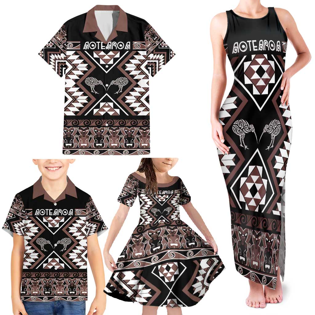 Personalised Taniko Motifs Aotearoa Family Matching Tank Maxi Dress and Hawaiian Shirt Waitangi Kowhaiwhai Kiwi - Mocha LT7 - Polynesian Pride
