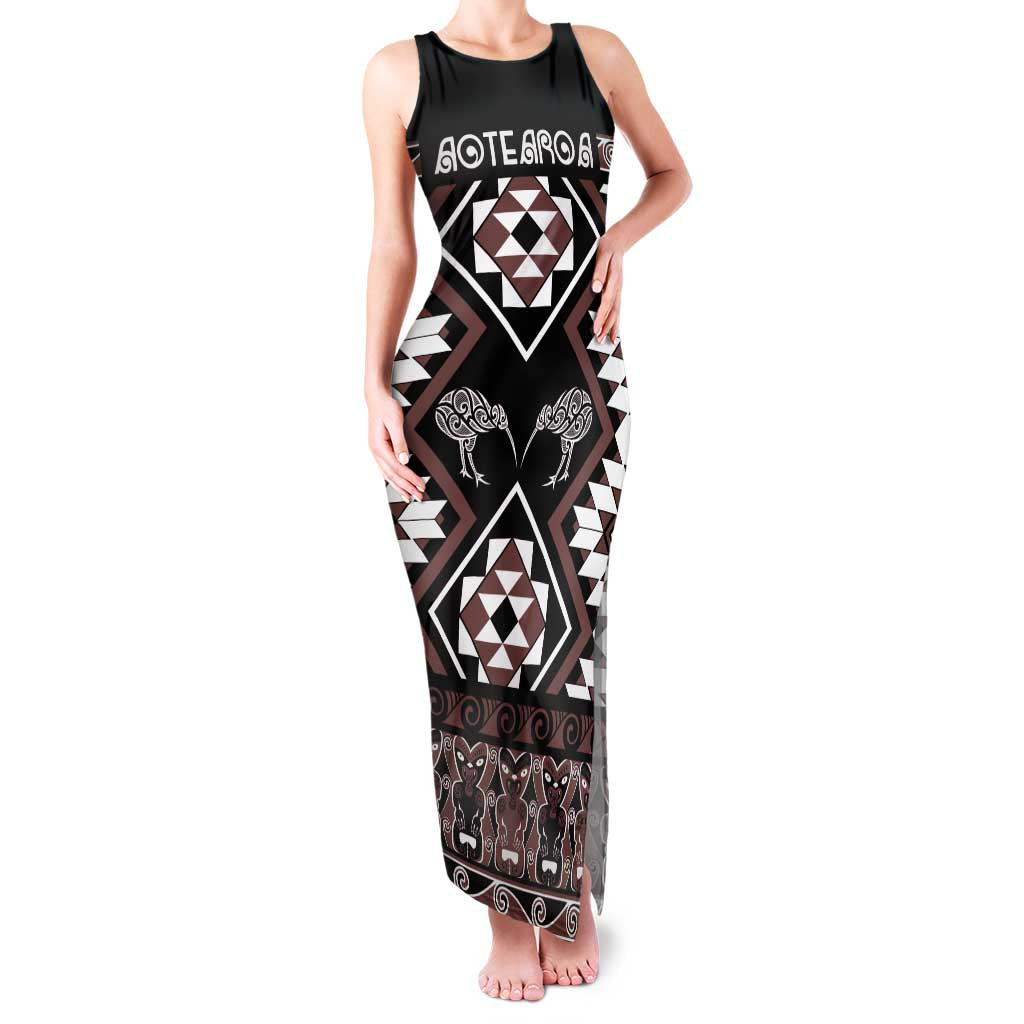 Personalised Taniko Motifs Aotearoa Family Matching Tank Maxi Dress and Hawaiian Shirt Waitangi Kowhaiwhai Kiwi - Mocha LT7 Mom's Dress Mocha - Polynesian Pride