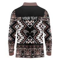 Personalised Taniko Motifs Aotearoa Long Sleeve Polo Shirt Waitangi Kowhaiwhai Kiwi - Mocha
