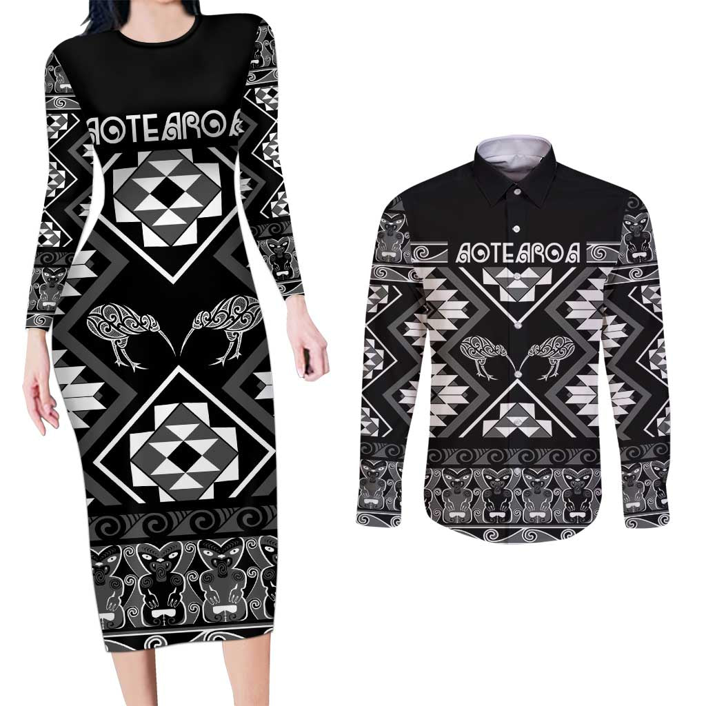 Personalised Taniko Motifs Aotearoa Couples Matching Long Sleeve Bodycon Dress and Long Sleeve Button Shirt Waitangi Kowhaiwhai Kiwi - Monochrome LT7 Grey - Polynesian Pride