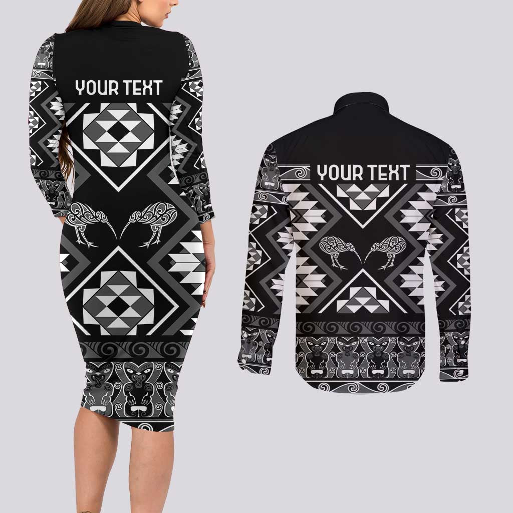 Personalised Taniko Motifs Aotearoa Couples Matching Long Sleeve Bodycon Dress and Long Sleeve Button Shirt Waitangi Kowhaiwhai Kiwi - Monochrome LT7 - Polynesian Pride