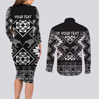 Personalised Taniko Motifs Aotearoa Couples Matching Long Sleeve Bodycon Dress and Long Sleeve Button Shirt Waitangi Kowhaiwhai Kiwi - Monochrome LT7 - Polynesian Pride
