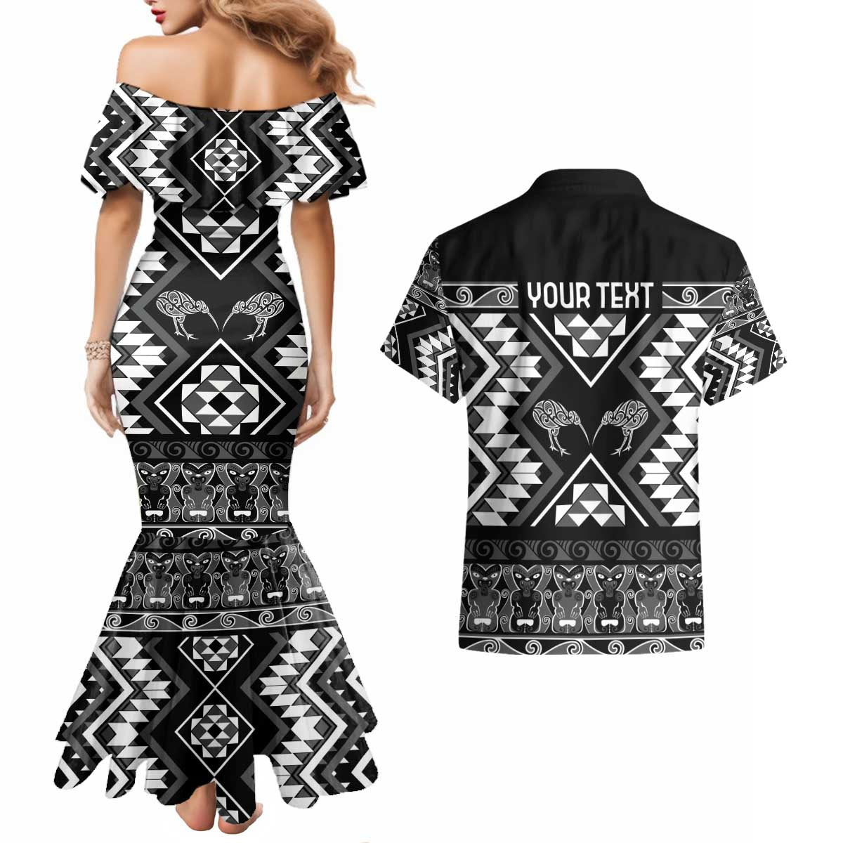 Personalised Taniko Motifs Aotearoa Couples Matching Mermaid Dress and Hawaiian Shirt Waitangi Kowhaiwhai Kiwi - Monochrome LT7 - Polynesian Pride