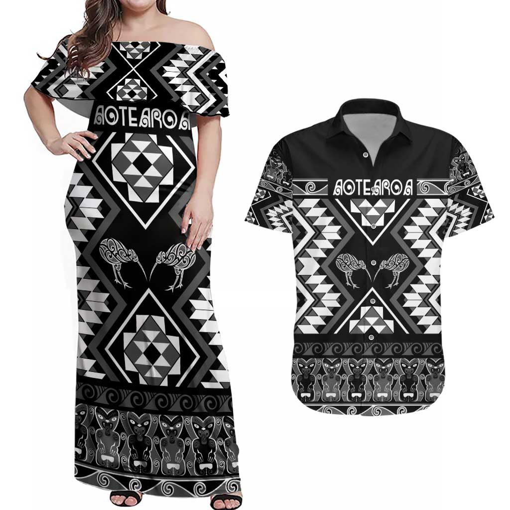 Personalised Taniko Motifs Aotearoa Couples Matching Off Shoulder Maxi Dress and Hawaiian Shirt Waitangi Kowhaiwhai Kiwi - Monochrome LT7 Grey - Polynesian Pride