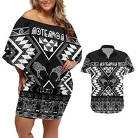 Personalised Taniko Motifs Aotearoa Couples Matching Off Shoulder Short Dress and Hawaiian Shirt Waitangi Kowhaiwhai Kiwi - Monochrome LT7 Grey - Polynesian Pride