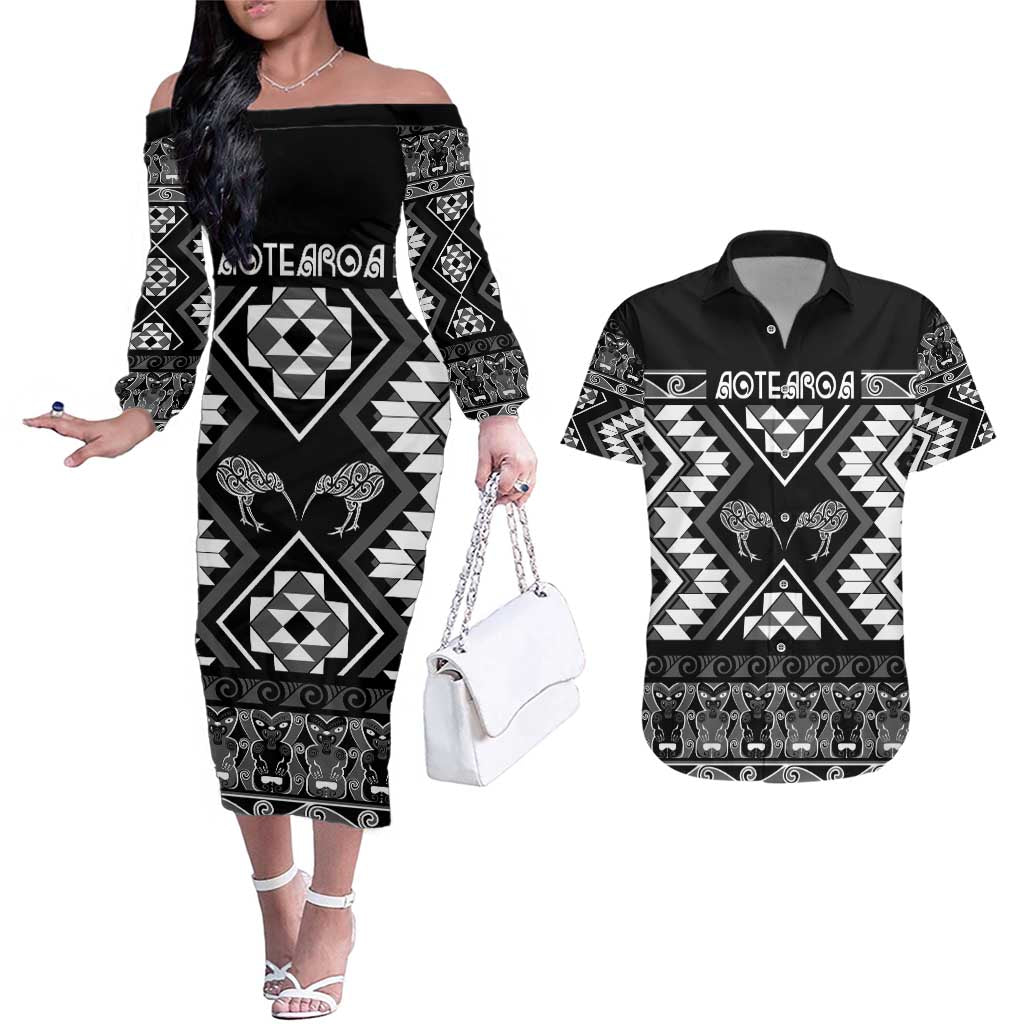 Personalised Taniko Motifs Aotearoa Couples Matching Off The Shoulder Long Sleeve Dress and Hawaiian Shirt Waitangi Kowhaiwhai Kiwi - Monochrome LT7 Grey - Polynesian Pride