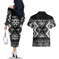 Personalised Taniko Motifs Aotearoa Couples Matching Off The Shoulder Long Sleeve Dress and Hawaiian Shirt Waitangi Kowhaiwhai Kiwi - Monochrome LT7 - Polynesian Pride