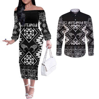 Personalised Taniko Motifs Aotearoa Couples Matching Off The Shoulder Long Sleeve Dress and Long Sleeve Button Shirt Waitangi Kowhaiwhai Kiwi - Monochrome LT7 Grey - Polynesian Pride