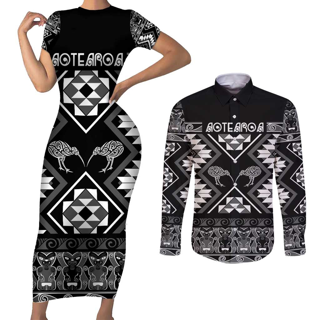 Personalised Taniko Motifs Aotearoa Couples Matching Short Sleeve Bodycon Dress and Long Sleeve Button Shirt Waitangi Kowhaiwhai Kiwi - Monochrome LT7 Grey - Polynesian Pride