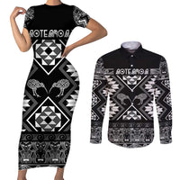 Personalised Taniko Motifs Aotearoa Couples Matching Short Sleeve Bodycon Dress and Long Sleeve Button Shirt Waitangi Kowhaiwhai Kiwi - Monochrome LT7 Grey - Polynesian Pride