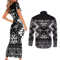 Personalised Taniko Motifs Aotearoa Couples Matching Short Sleeve Bodycon Dress and Long Sleeve Button Shirt Waitangi Kowhaiwhai Kiwi - Monochrome LT7 - Polynesian Pride