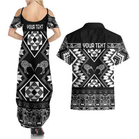 Personalised Taniko Motifs Aotearoa Couples Matching Summer Maxi Dress and Hawaiian Shirt Waitangi Kowhaiwhai Kiwi - Monochrome LT7 - Polynesian Pride