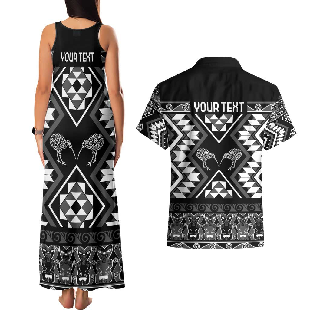 Personalised Taniko Motifs Aotearoa Couples Matching Tank Maxi Dress and Hawaiian Shirt Waitangi Kowhaiwhai Kiwi - Monochrome LT7 - Polynesian Pride