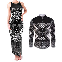 Personalised Taniko Motifs Aotearoa Couples Matching Tank Maxi Dress and Long Sleeve Button Shirt Waitangi Kowhaiwhai Kiwi - Monochrome LT7 Grey - Polynesian Pride