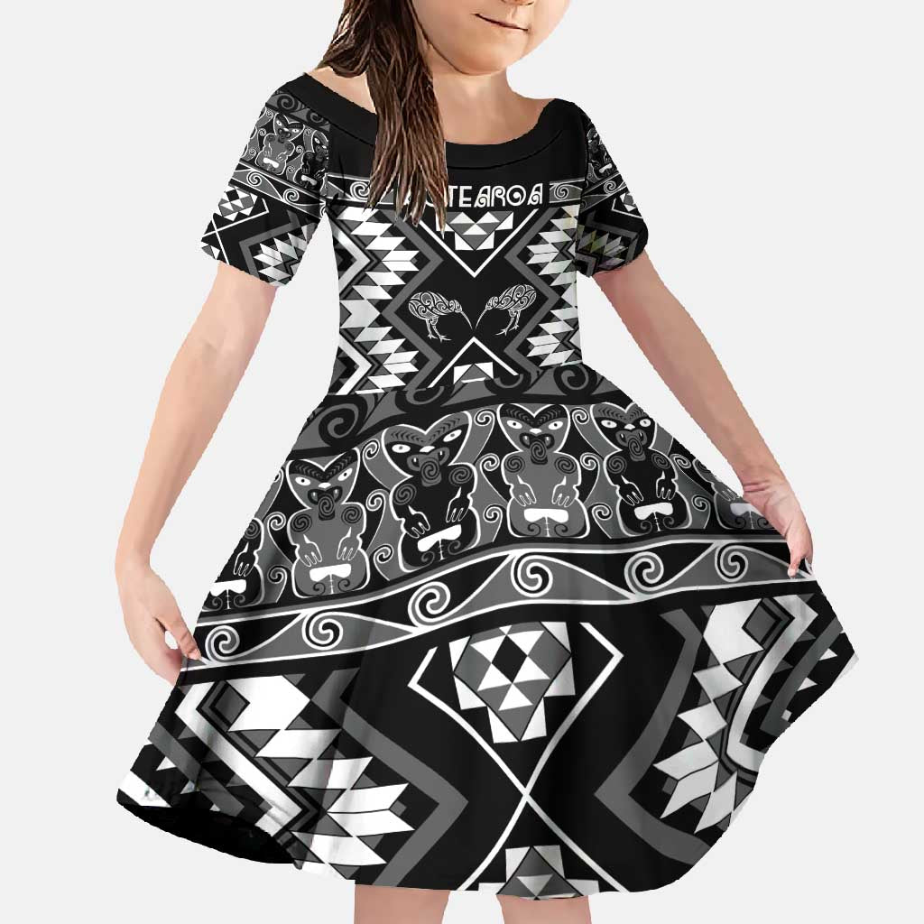 Personalised Taniko Motifs Aotearoa Family Matching Long Sleeve Bodycon Dress and Hawaiian Shirt Waitangi Kowhaiwhai Kiwi - Monochrome LT7 Daughter's Dress Grey - Polynesian Pride