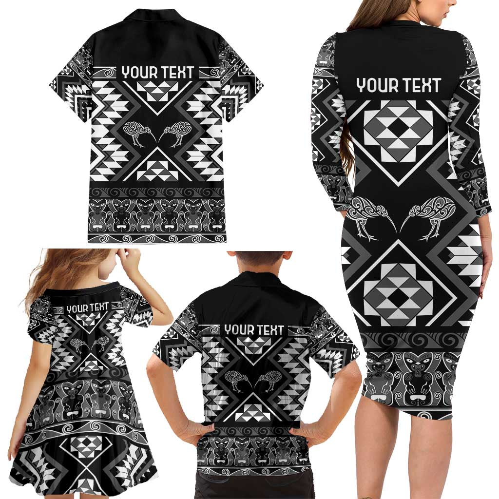 Personalised Taniko Motifs Aotearoa Family Matching Long Sleeve Bodycon Dress and Hawaiian Shirt Waitangi Kowhaiwhai Kiwi - Monochrome LT7 - Polynesian Pride