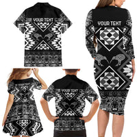 Personalised Taniko Motifs Aotearoa Family Matching Long Sleeve Bodycon Dress and Hawaiian Shirt Waitangi Kowhaiwhai Kiwi - Monochrome LT7 - Polynesian Pride