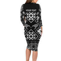 Personalised Taniko Motifs Aotearoa Family Matching Long Sleeve Bodycon Dress and Hawaiian Shirt Waitangi Kowhaiwhai Kiwi - Monochrome LT7 - Polynesian Pride