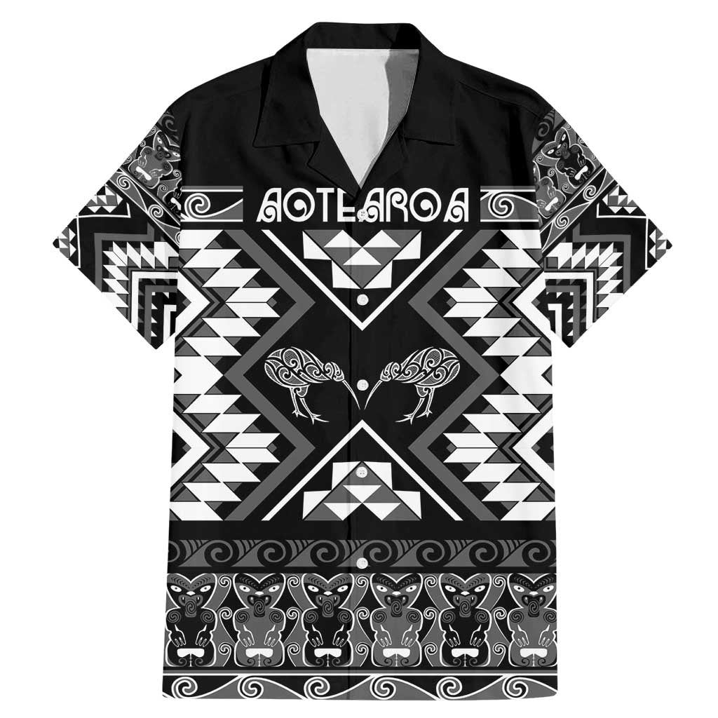 Personalised Taniko Motifs Aotearoa Family Matching Mermaid Dress and Hawaiian Shirt Waitangi Kowhaiwhai Kiwi - Monochrome LT7 Dad's Shirt - Short Sleeve Grey - Polynesian Pride
