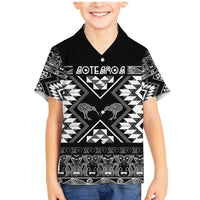 Personalised Taniko Motifs Aotearoa Family Matching Mermaid Dress and Hawaiian Shirt Waitangi Kowhaiwhai Kiwi - Monochrome LT7 Son's Shirt Grey - Polynesian Pride