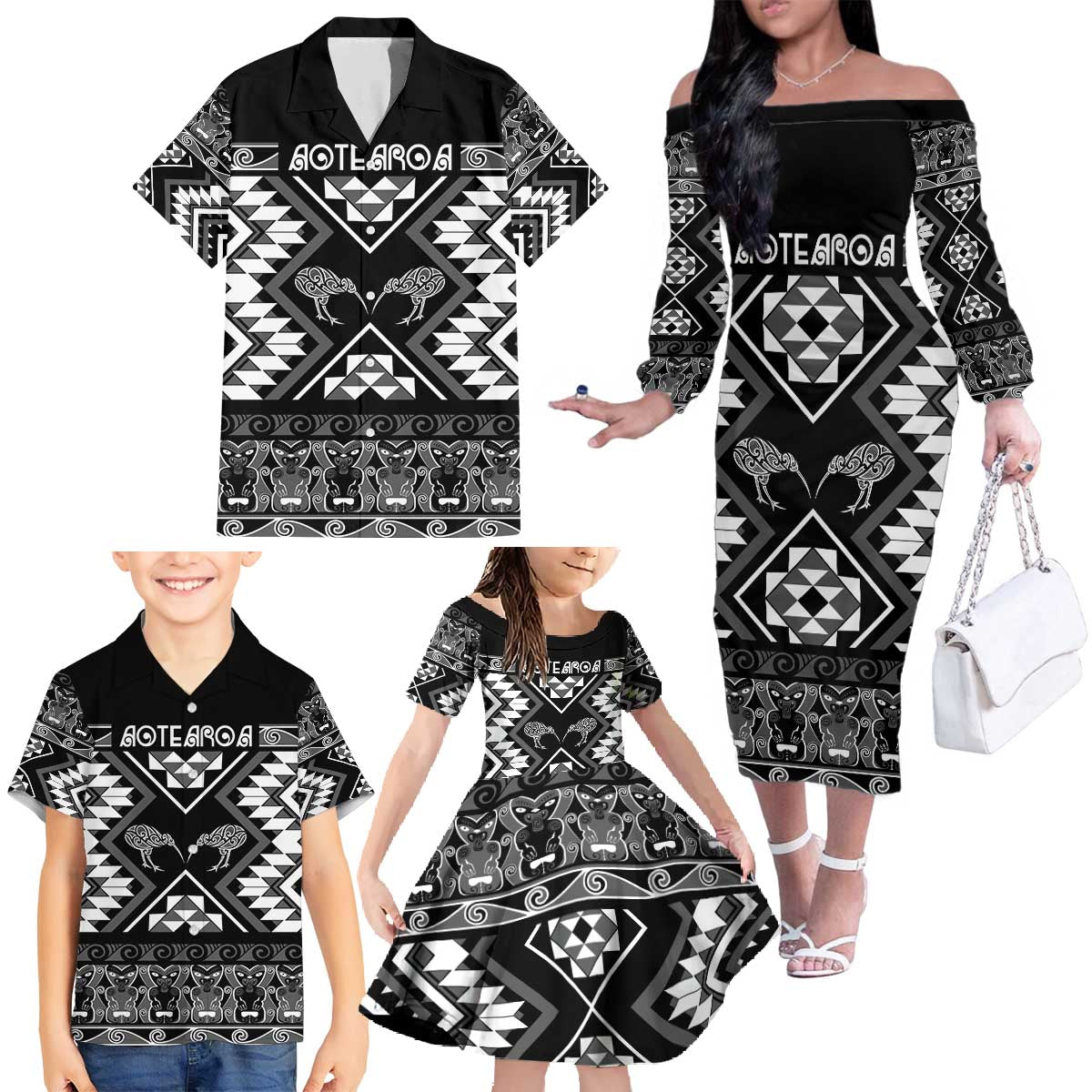 Personalised Taniko Motifs Aotearoa Family Matching Off The Shoulder Long Sleeve Dress and Hawaiian Shirt Waitangi Kowhaiwhai Kiwi - Monochrome LT7 - Polynesian Pride