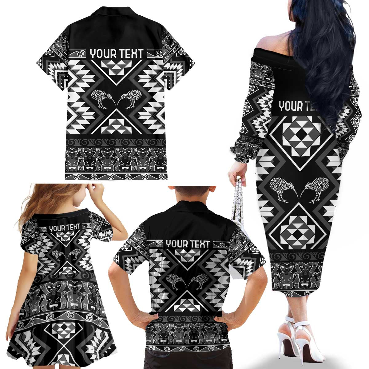 Personalised Taniko Motifs Aotearoa Family Matching Off The Shoulder Long Sleeve Dress and Hawaiian Shirt Waitangi Kowhaiwhai Kiwi - Monochrome LT7 - Polynesian Pride