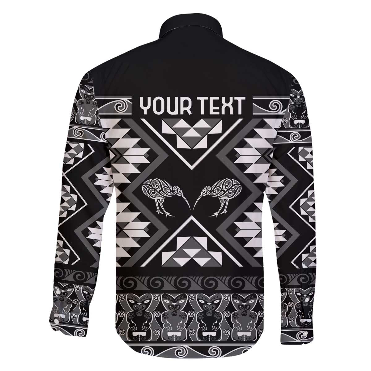 Personalised Taniko Motifs Aotearoa Family Matching Off The Shoulder Long Sleeve Dress and Hawaiian Shirt Waitangi Kowhaiwhai Kiwi - Monochrome LT7 - Polynesian Pride