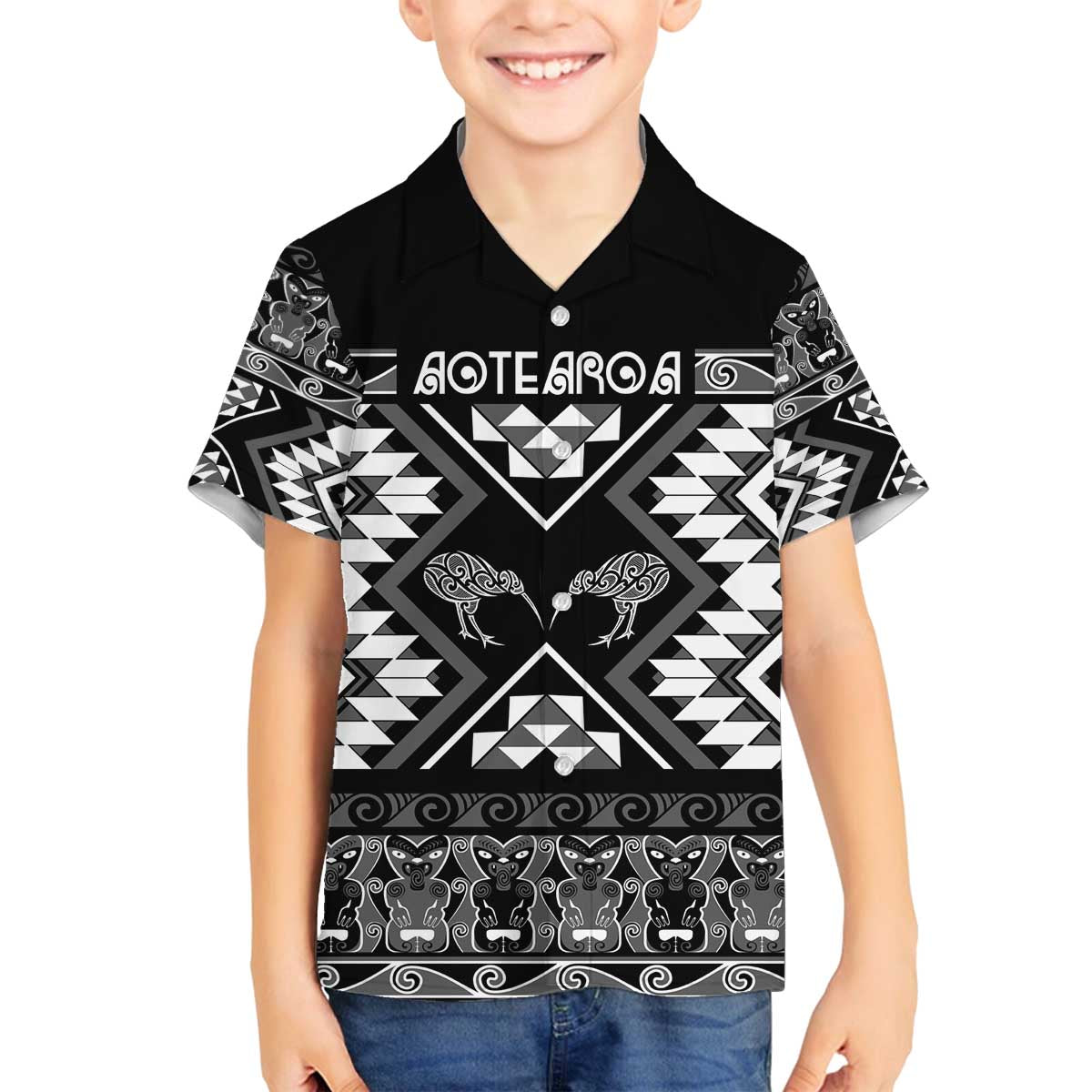 Personalised Taniko Motifs Aotearoa Family Matching Off The Shoulder Long Sleeve Dress and Hawaiian Shirt Waitangi Kowhaiwhai Kiwi - Monochrome LT7 Son's Shirt Grey - Polynesian Pride