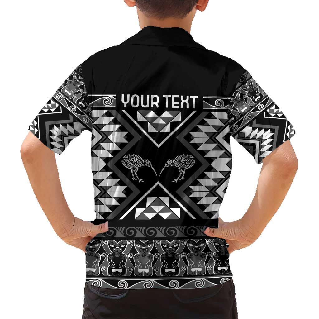 Personalised Taniko Motifs Aotearoa Family Matching Off Shoulder Maxi Dress and Hawaiian Shirt Waitangi Kowhaiwhai Kiwi - Monochrome LT7 - Polynesian Pride