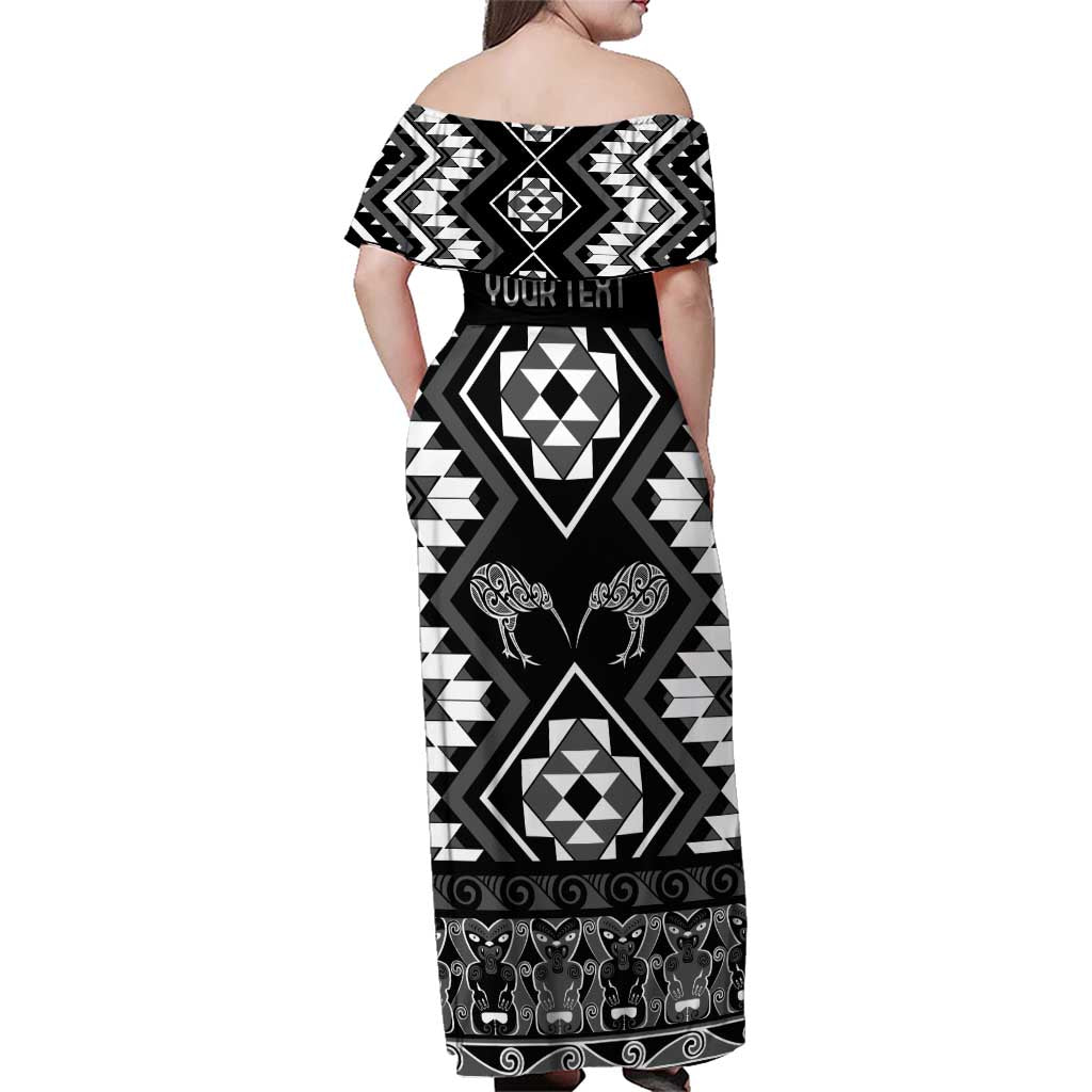 Personalised Taniko Motifs Aotearoa Family Matching Off Shoulder Maxi Dress and Hawaiian Shirt Waitangi Kowhaiwhai Kiwi - Monochrome LT7 - Polynesian Pride