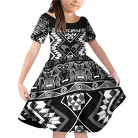 Personalised Taniko Motifs Aotearoa Family Matching Off Shoulder Short Dress and Hawaiian Shirt Waitangi Kowhaiwhai Kiwi - Monochrome LT7 Daughter's Dress Grey - Polynesian Pride