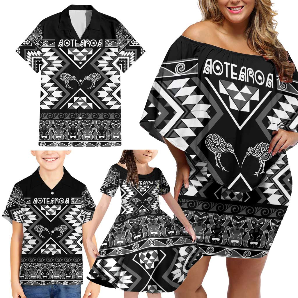 Personalised Taniko Motifs Aotearoa Family Matching Off Shoulder Short Dress and Hawaiian Shirt Waitangi Kowhaiwhai Kiwi - Monochrome LT7 - Polynesian Pride