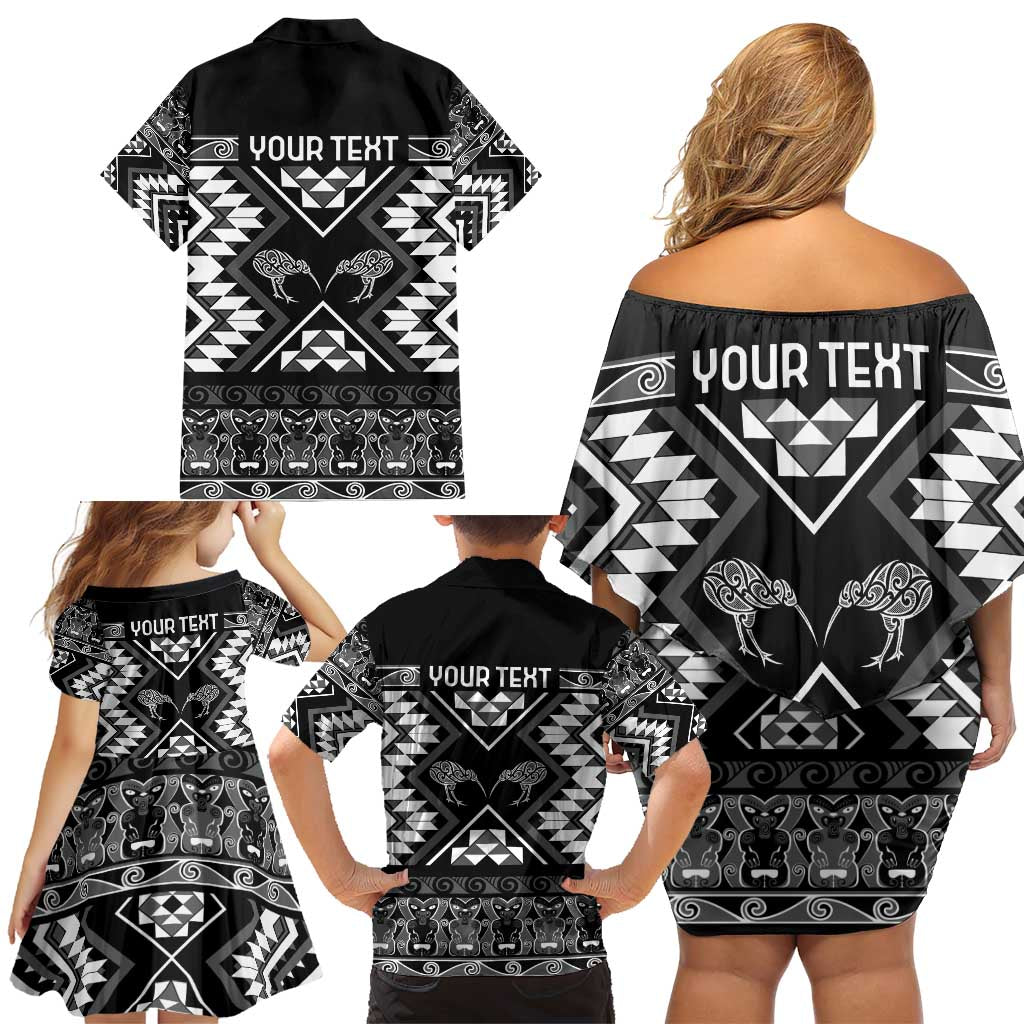 Personalised Taniko Motifs Aotearoa Family Matching Off Shoulder Short Dress and Hawaiian Shirt Waitangi Kowhaiwhai Kiwi - Monochrome LT7 - Polynesian Pride