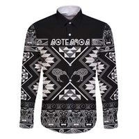 Personalised Taniko Motifs Aotearoa Family Matching Off Shoulder Short Dress and Hawaiian Shirt Waitangi Kowhaiwhai Kiwi - Monochrome LT7 Dad's Shirt - Long Sleeve Grey - Polynesian Pride