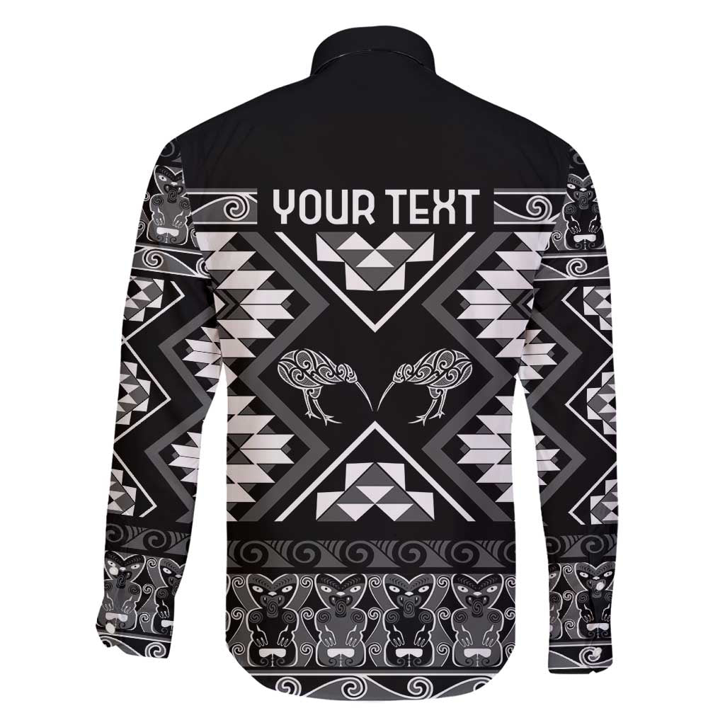 Personalised Taniko Motifs Aotearoa Family Matching Off Shoulder Short Dress and Hawaiian Shirt Waitangi Kowhaiwhai Kiwi - Monochrome LT7 - Polynesian Pride