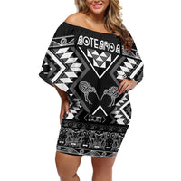 Personalised Taniko Motifs Aotearoa Family Matching Off Shoulder Short Dress and Hawaiian Shirt Waitangi Kowhaiwhai Kiwi - Monochrome LT7 Mom's Dress Grey - Polynesian Pride