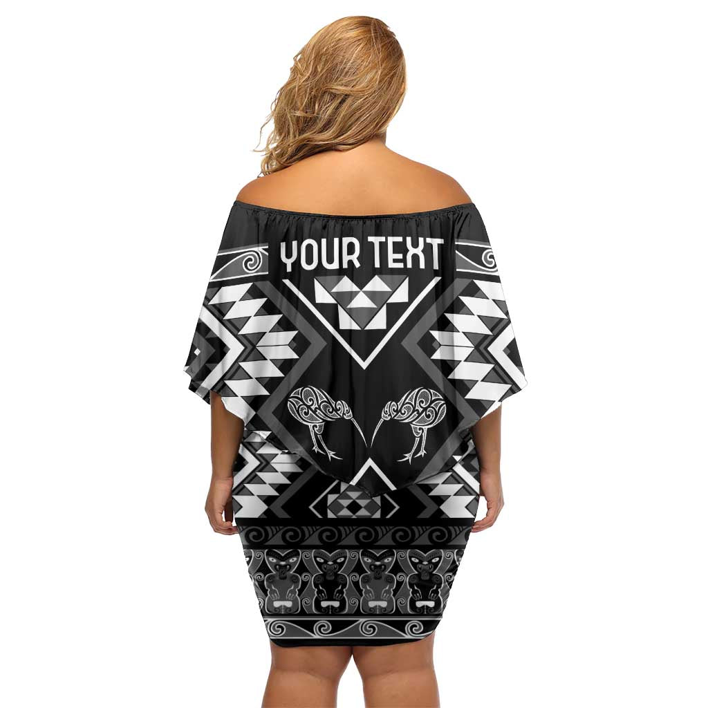 Personalised Taniko Motifs Aotearoa Family Matching Off Shoulder Short Dress and Hawaiian Shirt Waitangi Kowhaiwhai Kiwi - Monochrome LT7 - Polynesian Pride