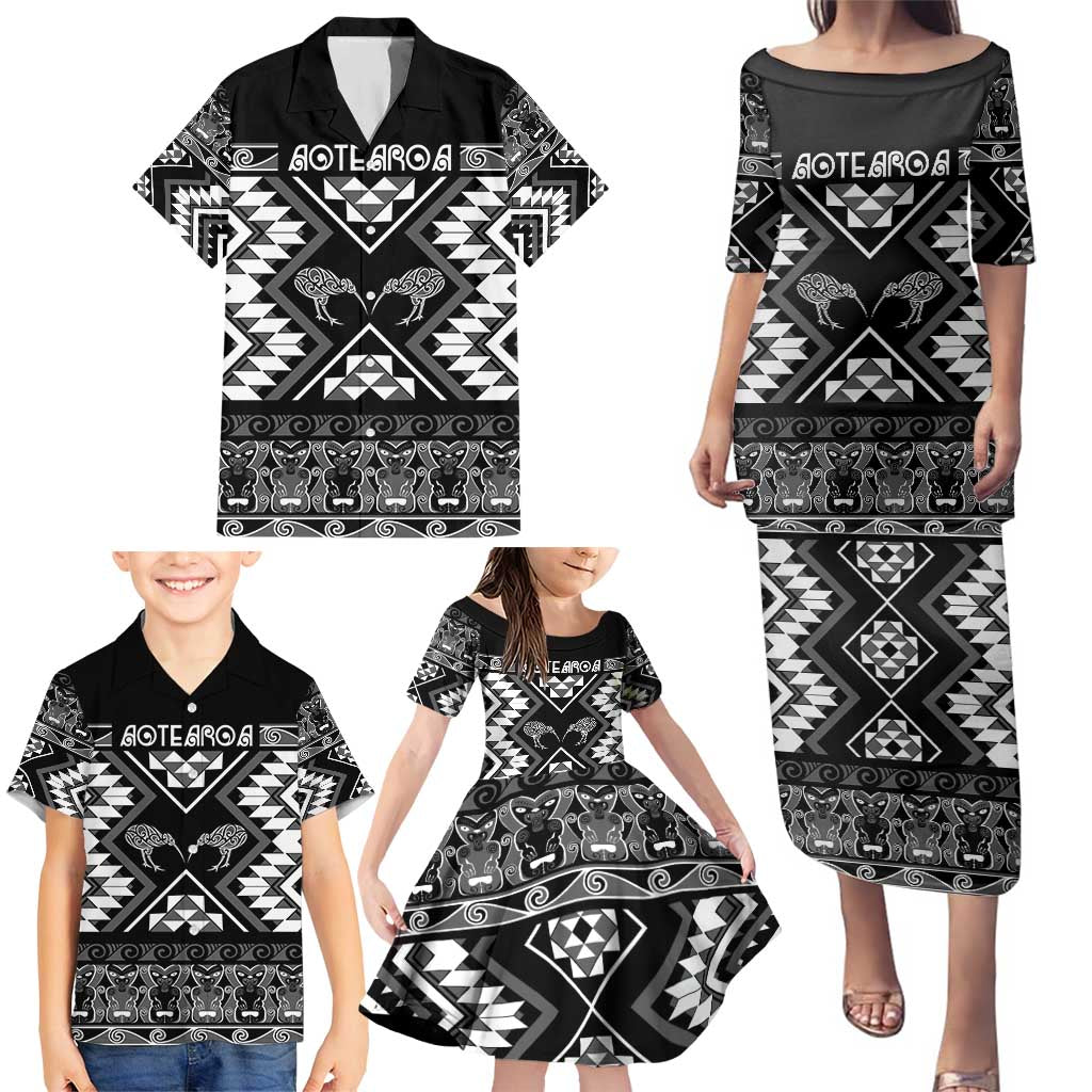 Personalised Taniko Motifs Aotearoa Family Matching Puletasi and Hawaiian Shirt Waitangi Kowhaiwhai Kiwi - Monochrome LT7 - Polynesian Pride