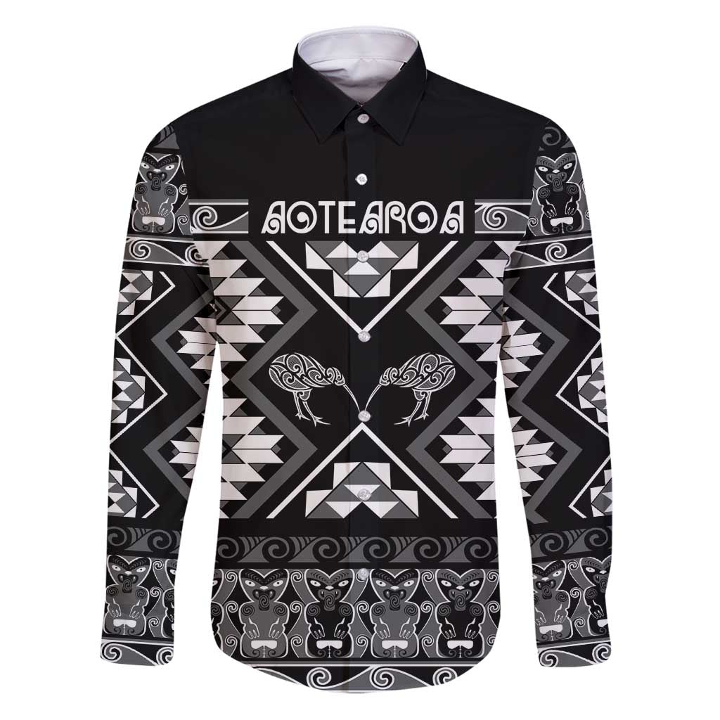 Personalised Taniko Motifs Aotearoa Family Matching Puletasi and Hawaiian Shirt Waitangi Kowhaiwhai Kiwi - Monochrome LT7 Dad's Shirt - Long Sleeve Grey - Polynesian Pride
