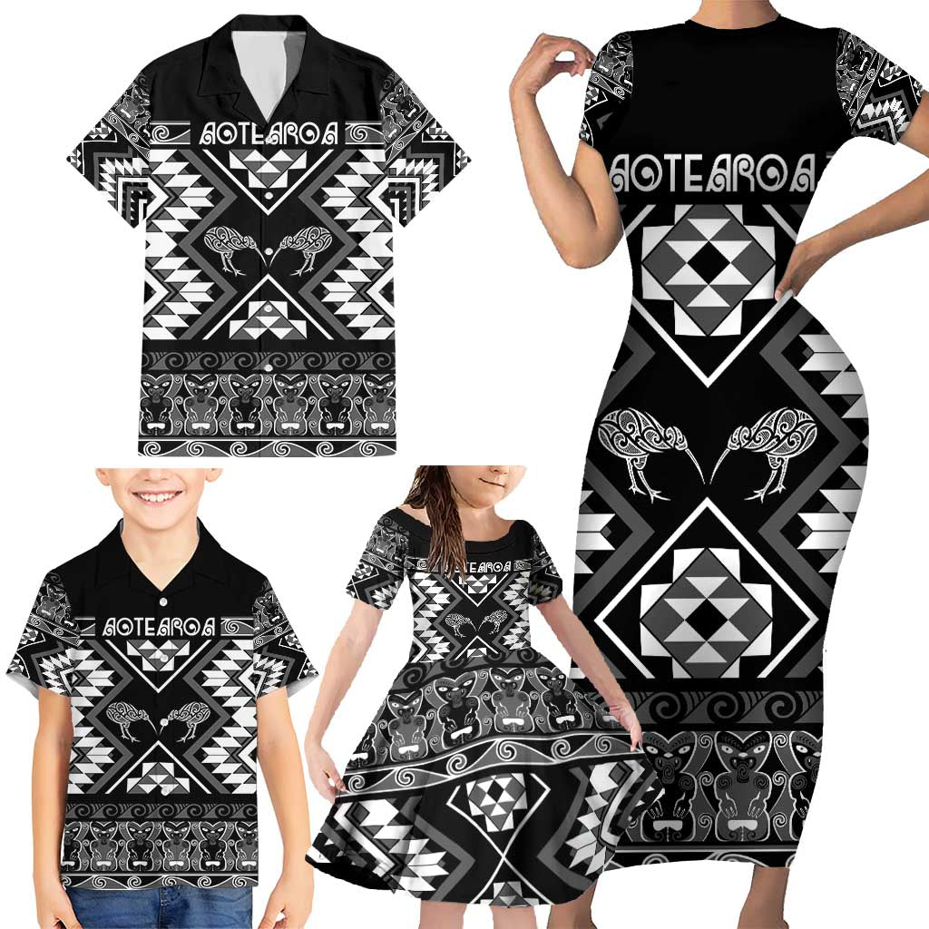 Personalised Taniko Motifs Aotearoa Family Matching Short Sleeve Bodycon Dress and Hawaiian Shirt Waitangi Kowhaiwhai Kiwi - Monochrome LT7 - Polynesian Pride