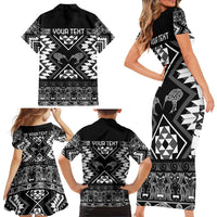 Personalised Taniko Motifs Aotearoa Family Matching Short Sleeve Bodycon Dress and Hawaiian Shirt Waitangi Kowhaiwhai Kiwi - Monochrome LT7 - Polynesian Pride