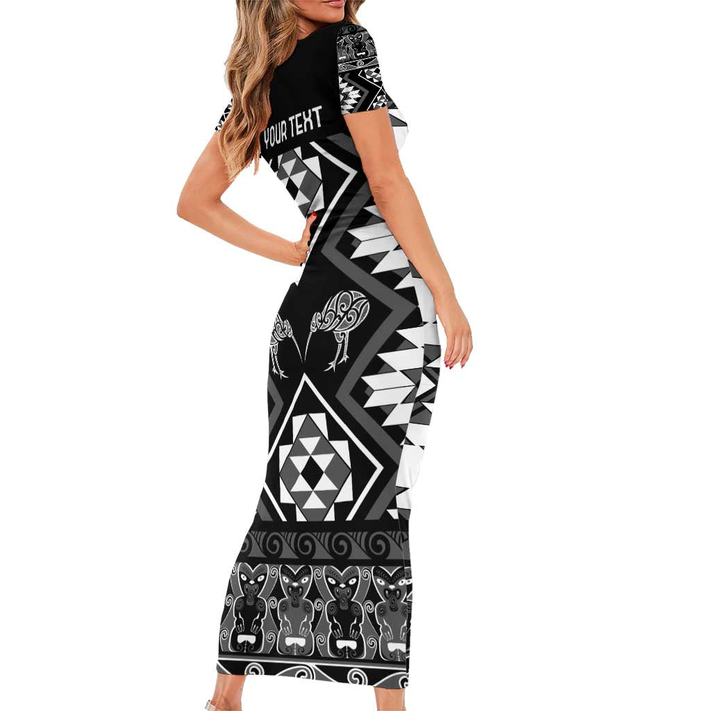 Personalised Taniko Motifs Aotearoa Family Matching Short Sleeve Bodycon Dress and Hawaiian Shirt Waitangi Kowhaiwhai Kiwi - Monochrome LT7 - Polynesian Pride