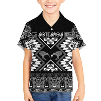 Personalised Taniko Motifs Aotearoa Family Matching Short Sleeve Bodycon Dress and Hawaiian Shirt Waitangi Kowhaiwhai Kiwi - Monochrome LT7 Son's Shirt Grey - Polynesian Pride