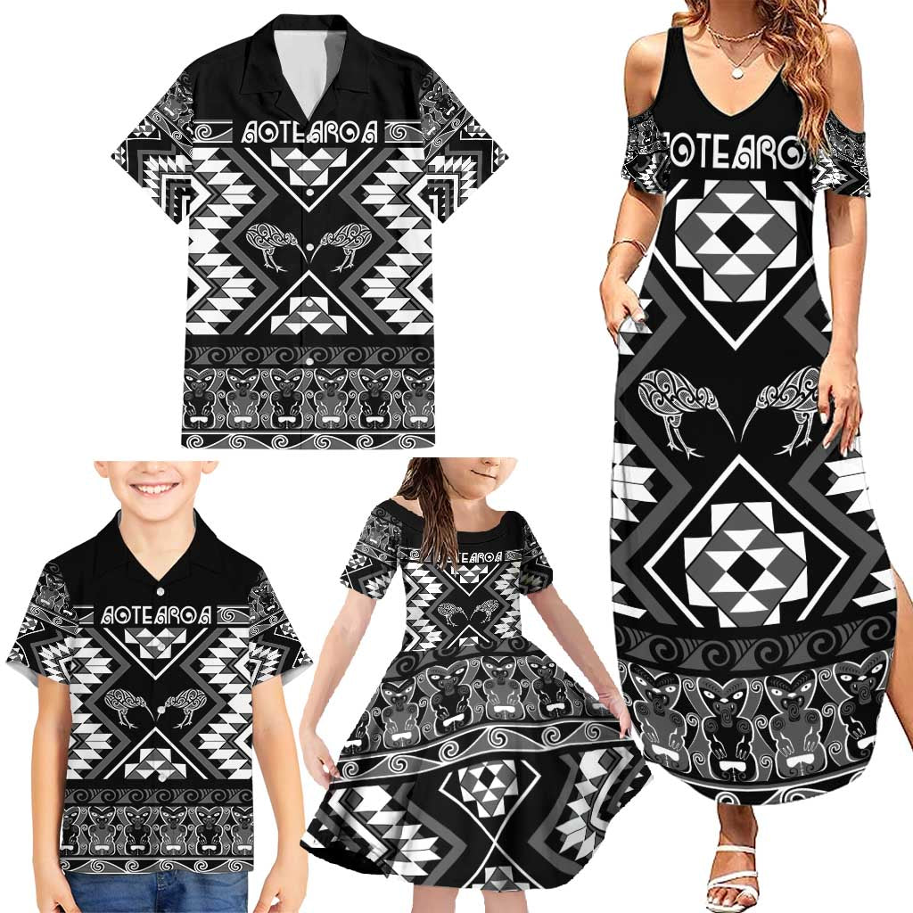 Personalised Taniko Motifs Aotearoa Family Matching Summer Maxi Dress and Hawaiian Shirt Waitangi Kowhaiwhai Kiwi - Monochrome LT7 - Polynesian Pride