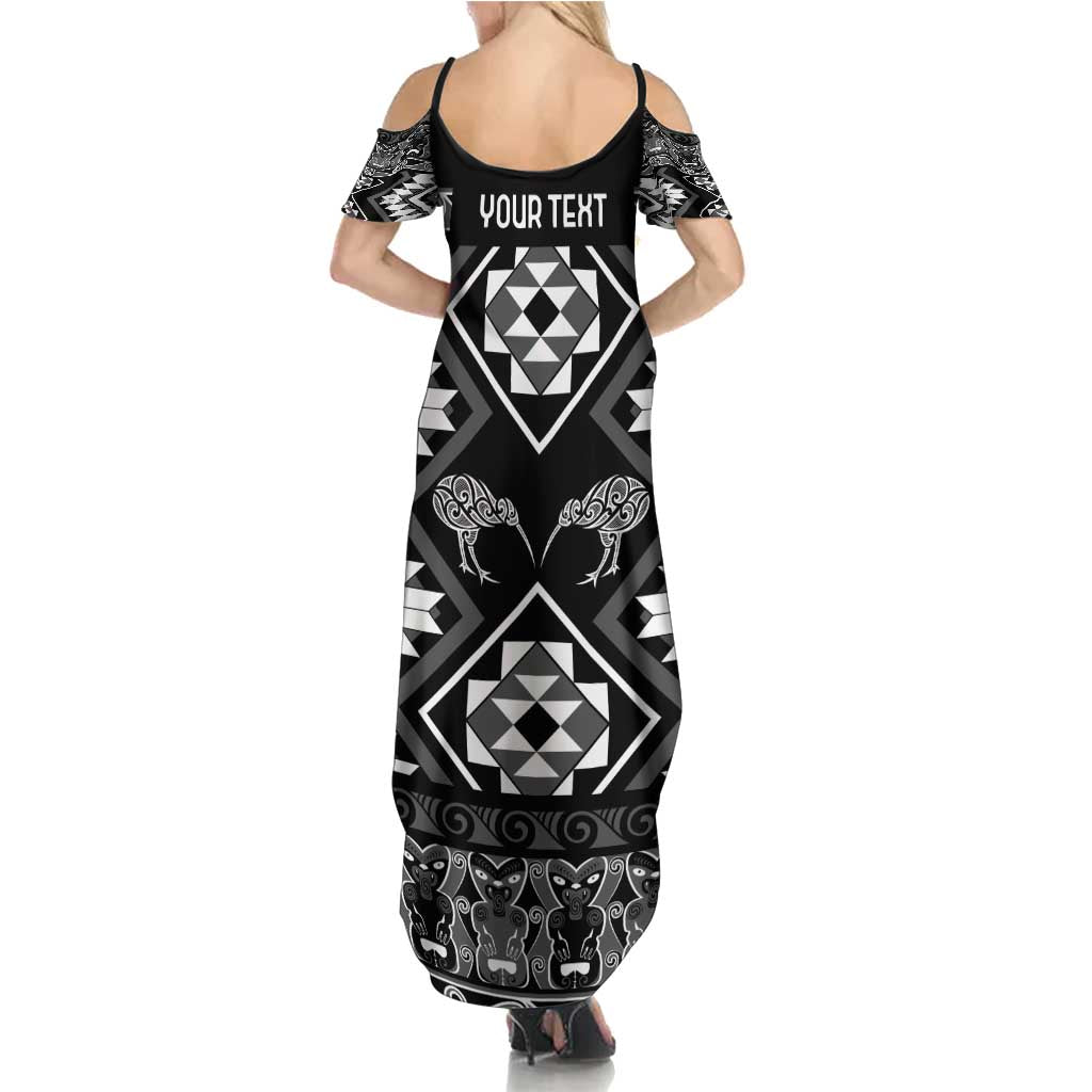 Personalised Taniko Motifs Aotearoa Family Matching Summer Maxi Dress and Hawaiian Shirt Waitangi Kowhaiwhai Kiwi - Monochrome LT7 - Polynesian Pride