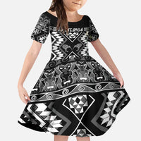 Personalised Taniko Motifs Aotearoa Family Matching Tank Maxi Dress and Hawaiian Shirt Waitangi Kowhaiwhai Kiwi - Monochrome LT7 Daughter's Dress Grey - Polynesian Pride