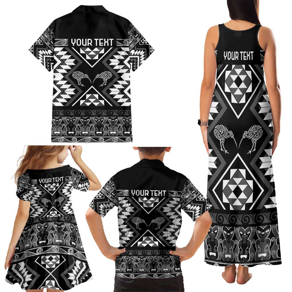 Personalised Taniko Motifs Aotearoa Family Matching Tank Maxi Dress and Hawaiian Shirt Waitangi Kowhaiwhai Kiwi - Monochrome LT7 - Polynesian Pride