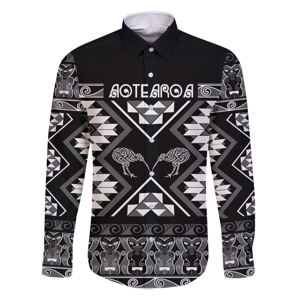 Personalised Taniko Motifs Aotearoa Family Matching Tank Maxi Dress and Hawaiian Shirt Waitangi Kowhaiwhai Kiwi - Monochrome LT7 Dad's Shirt - Long Sleeve Grey - Polynesian Pride